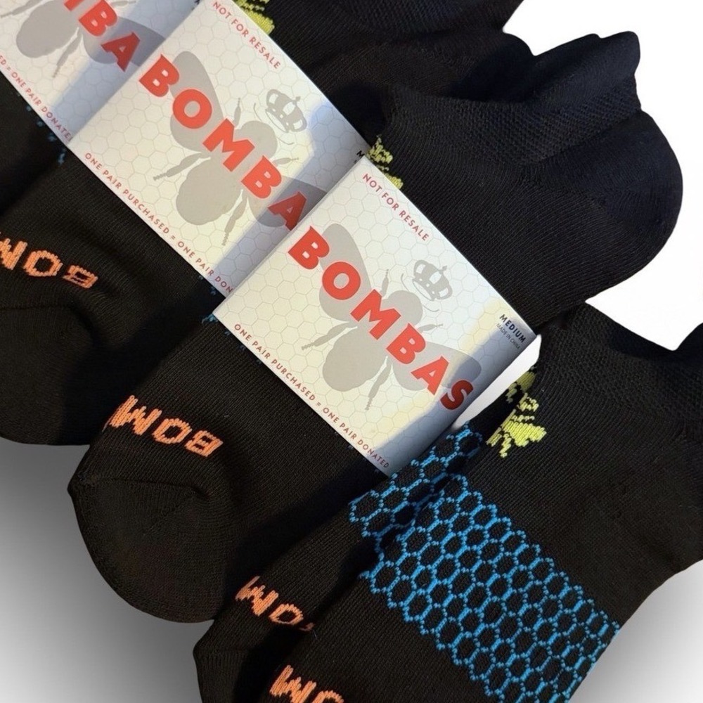 Bombas Ankle Socks Sz M 4 Pair Pack Black Honeycomb Unisex W 8-10.5 M 6-9 NEW